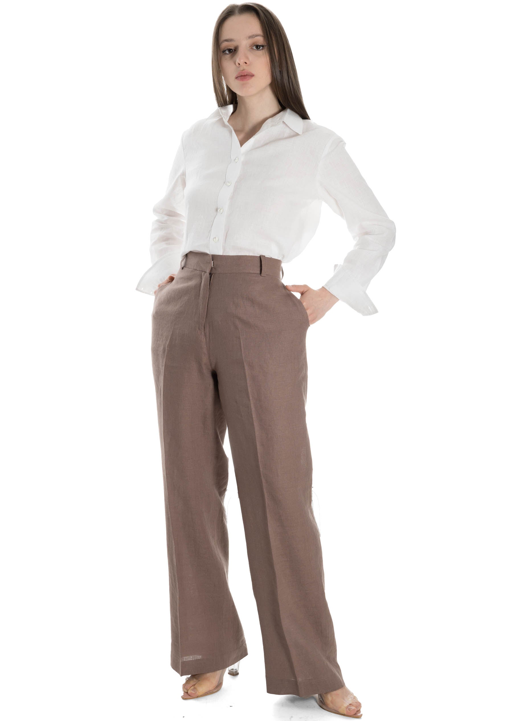 Weite Leinenhose für Damen in Beige