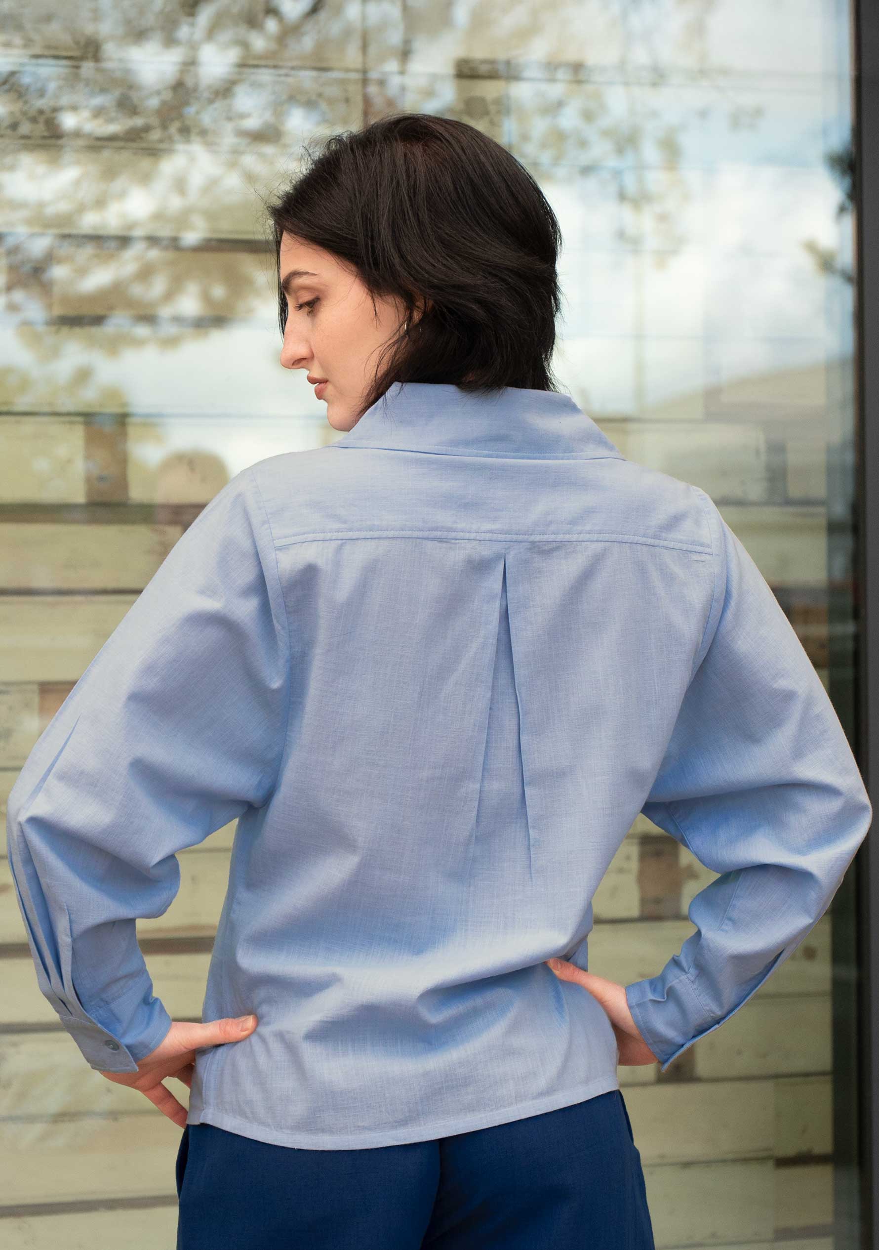 Powder-Blue Handloom Cotton Women Shirt — Embroidered Pocket
