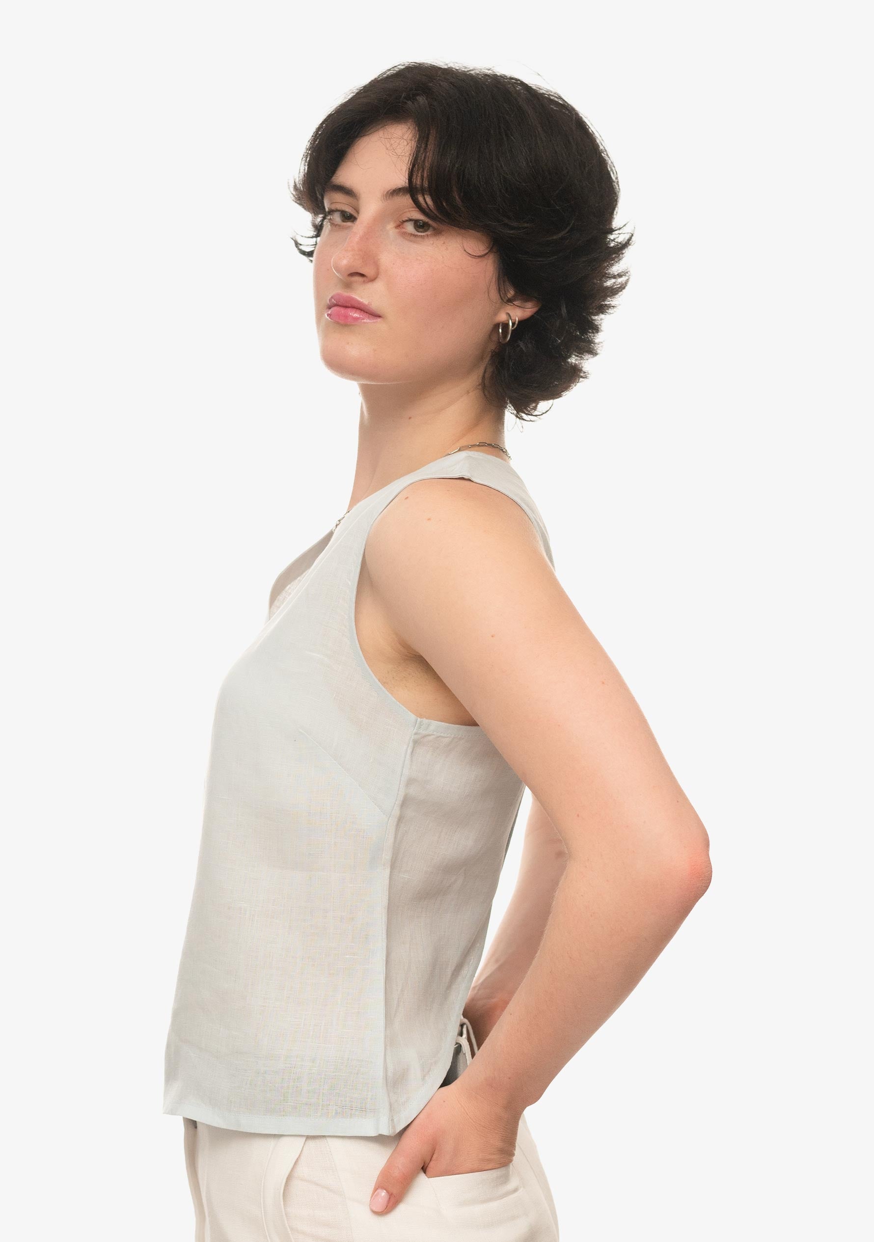 Brunk Top - Ice Blue Linen Cross Back Top for Women