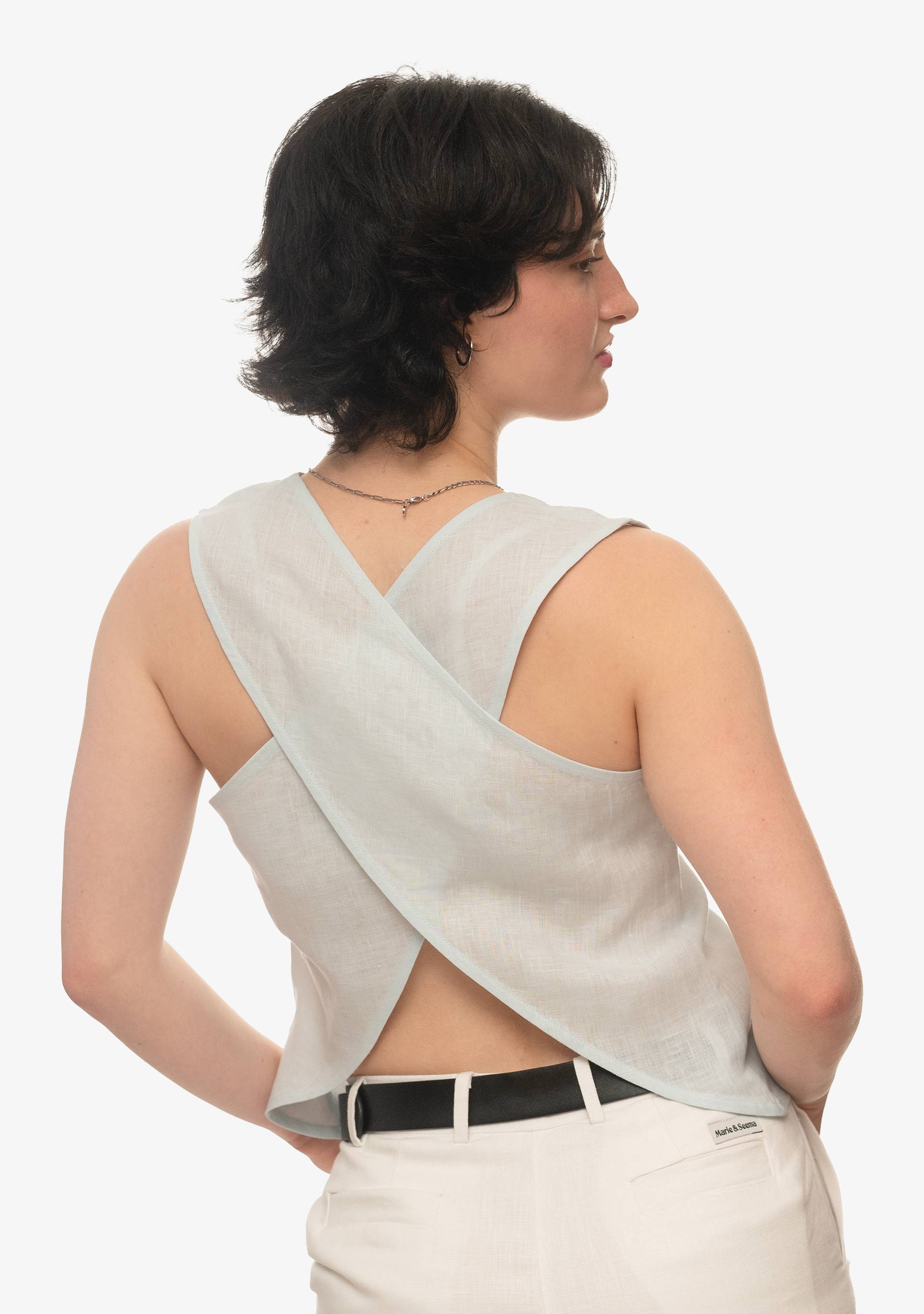 Brunk Top - Ice Blue Linen Cross Back Top for Women