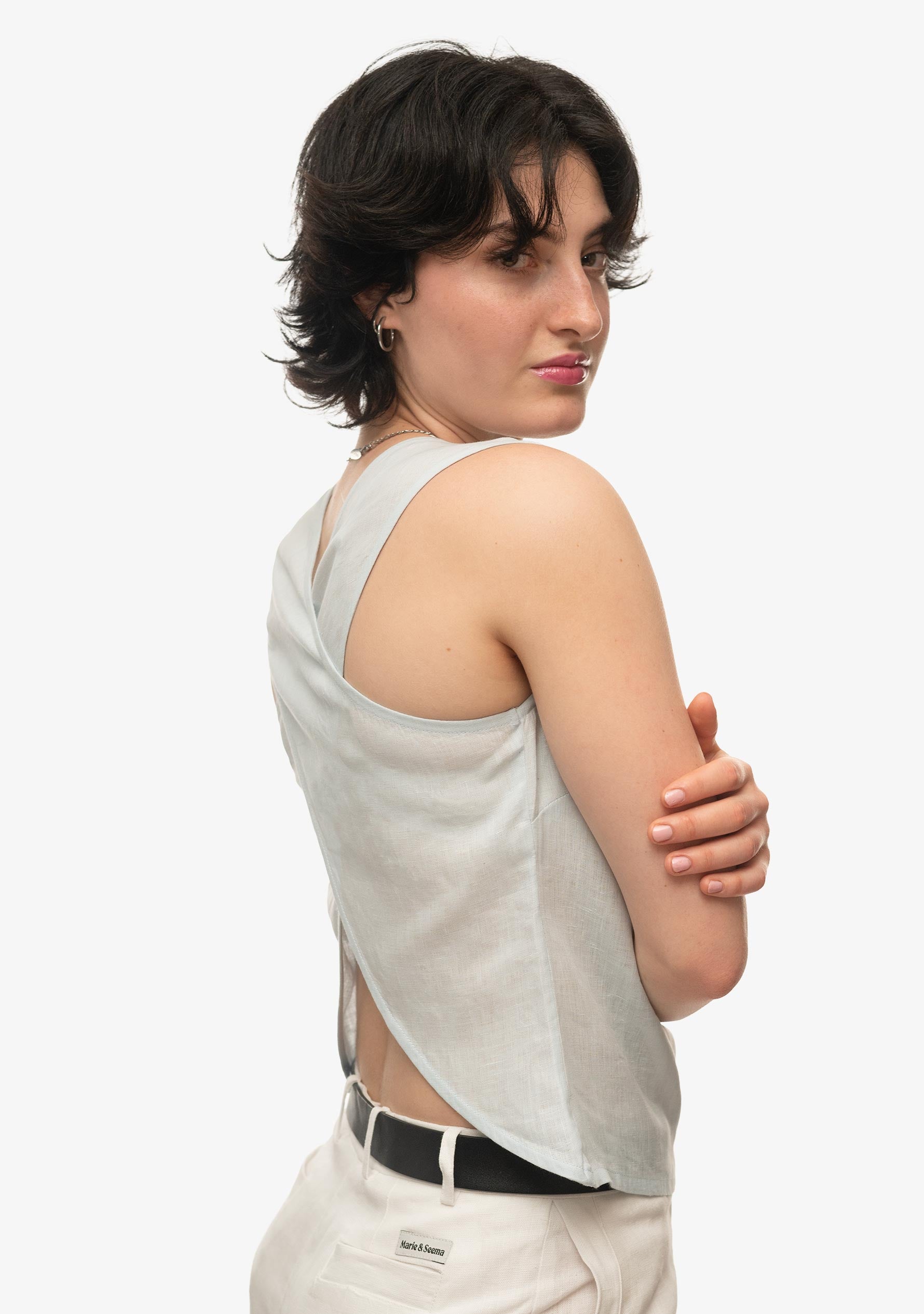 Brunk Top - Ice Blue Linen Cross Back Top for Women