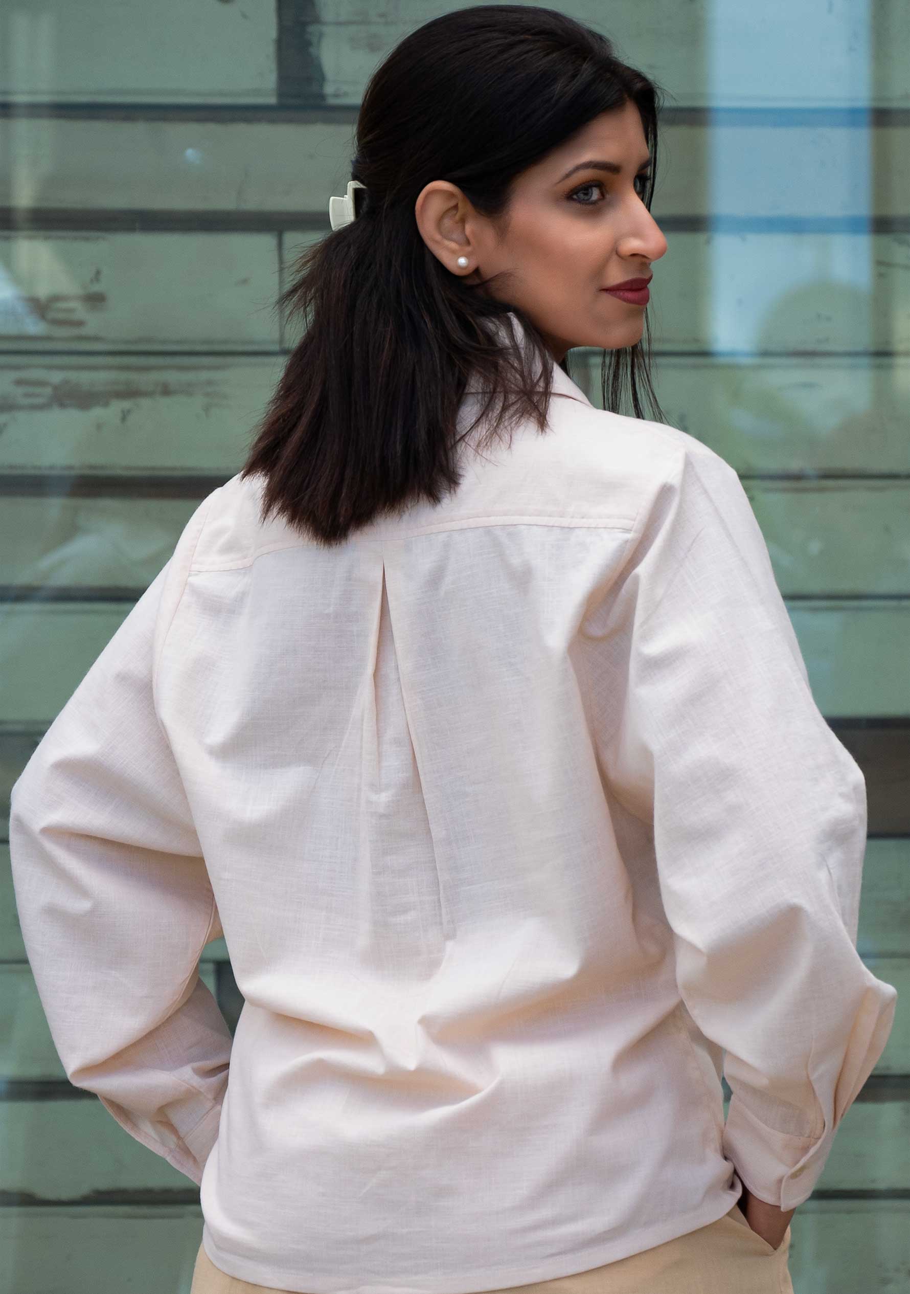 Beige Handloom Cotton Women Shirt — Embroidered Pocket
