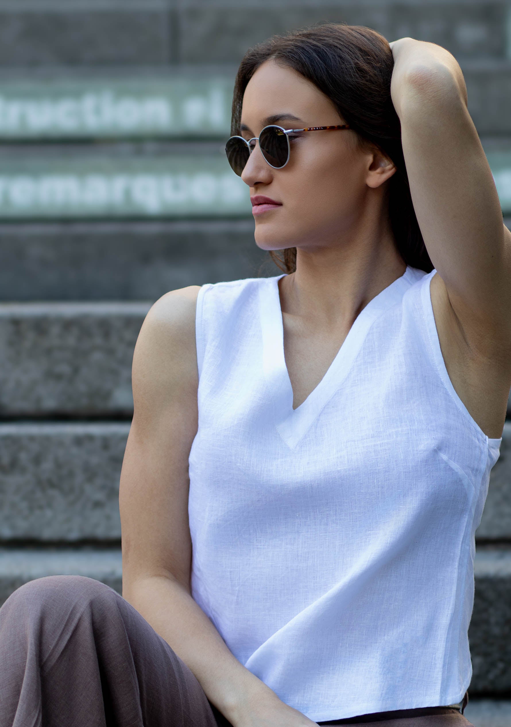 Brunk Top - White Linen Cross Back Top for Women