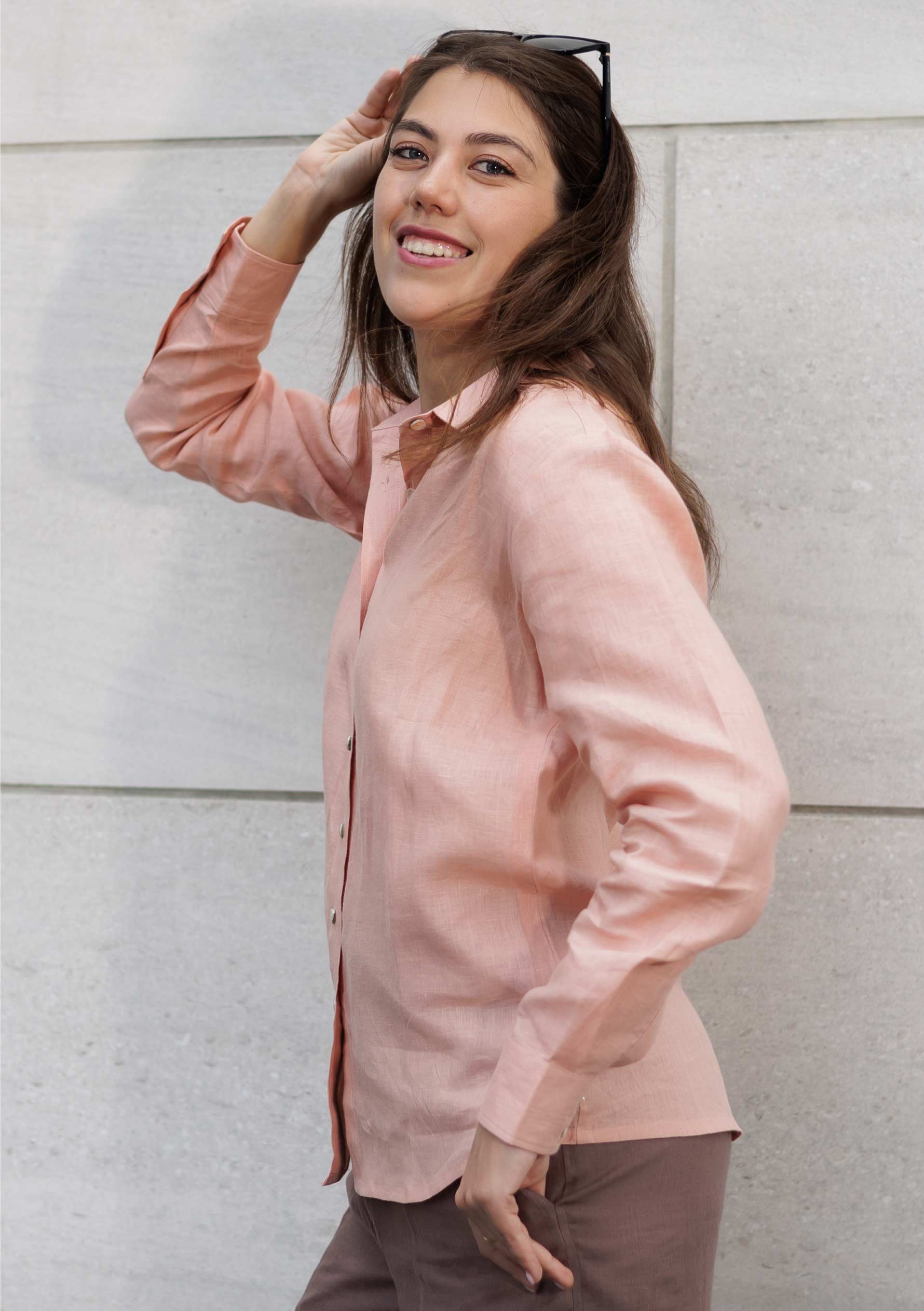 women's linen work shirt - lightweight, soft, breathable and eco-friendly. Perfect for everyday wear, featuring natural mother of peal buttons.