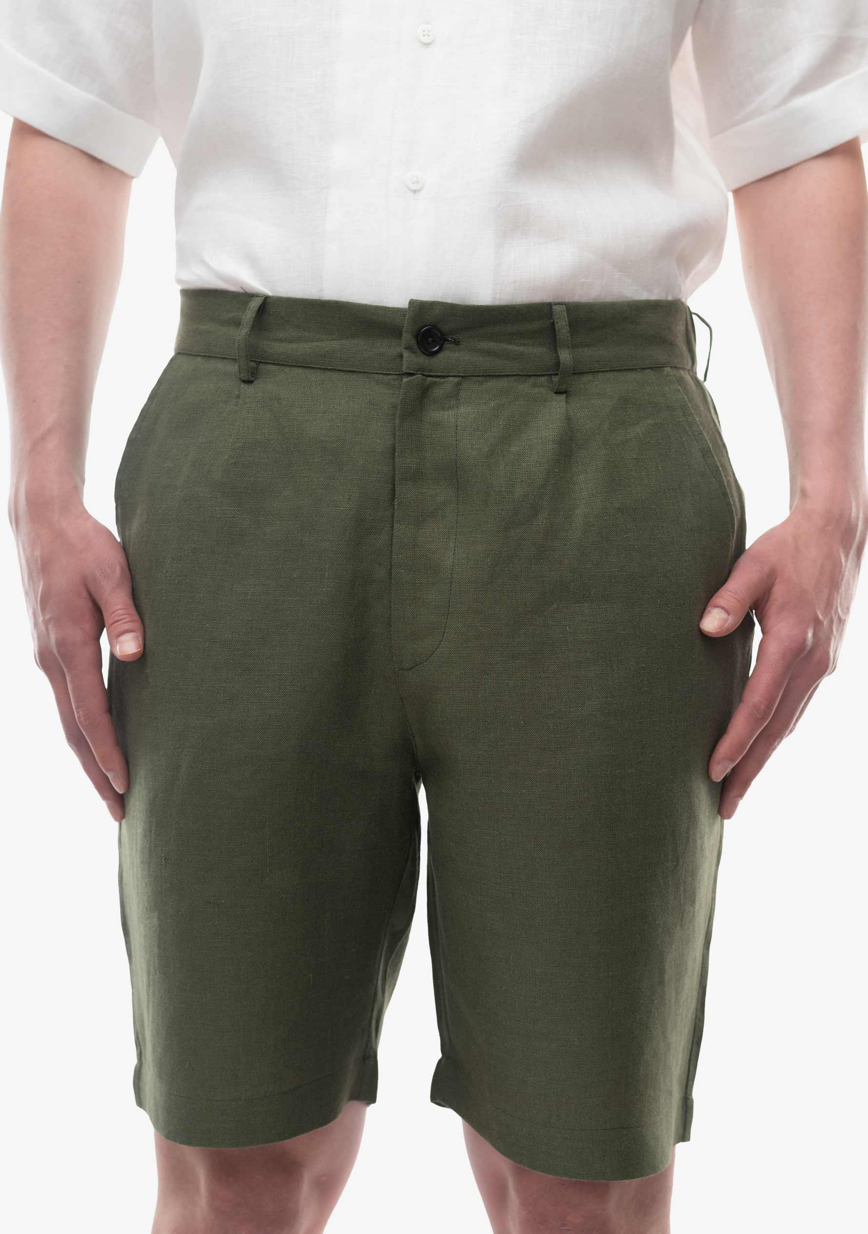 Green linen shorts for men