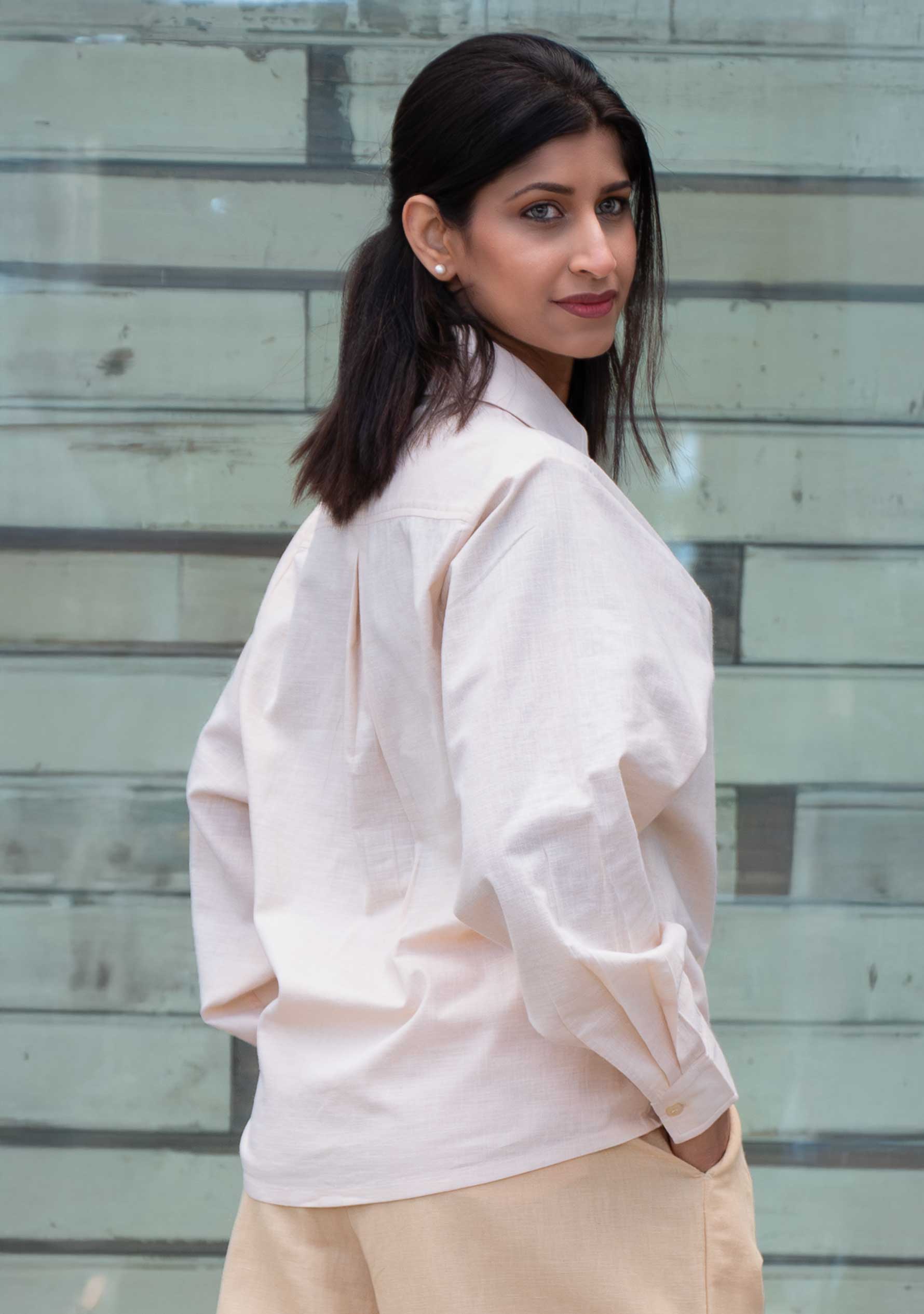 Beige Handloom Cotton Women Shirt — Embroidered Pocket