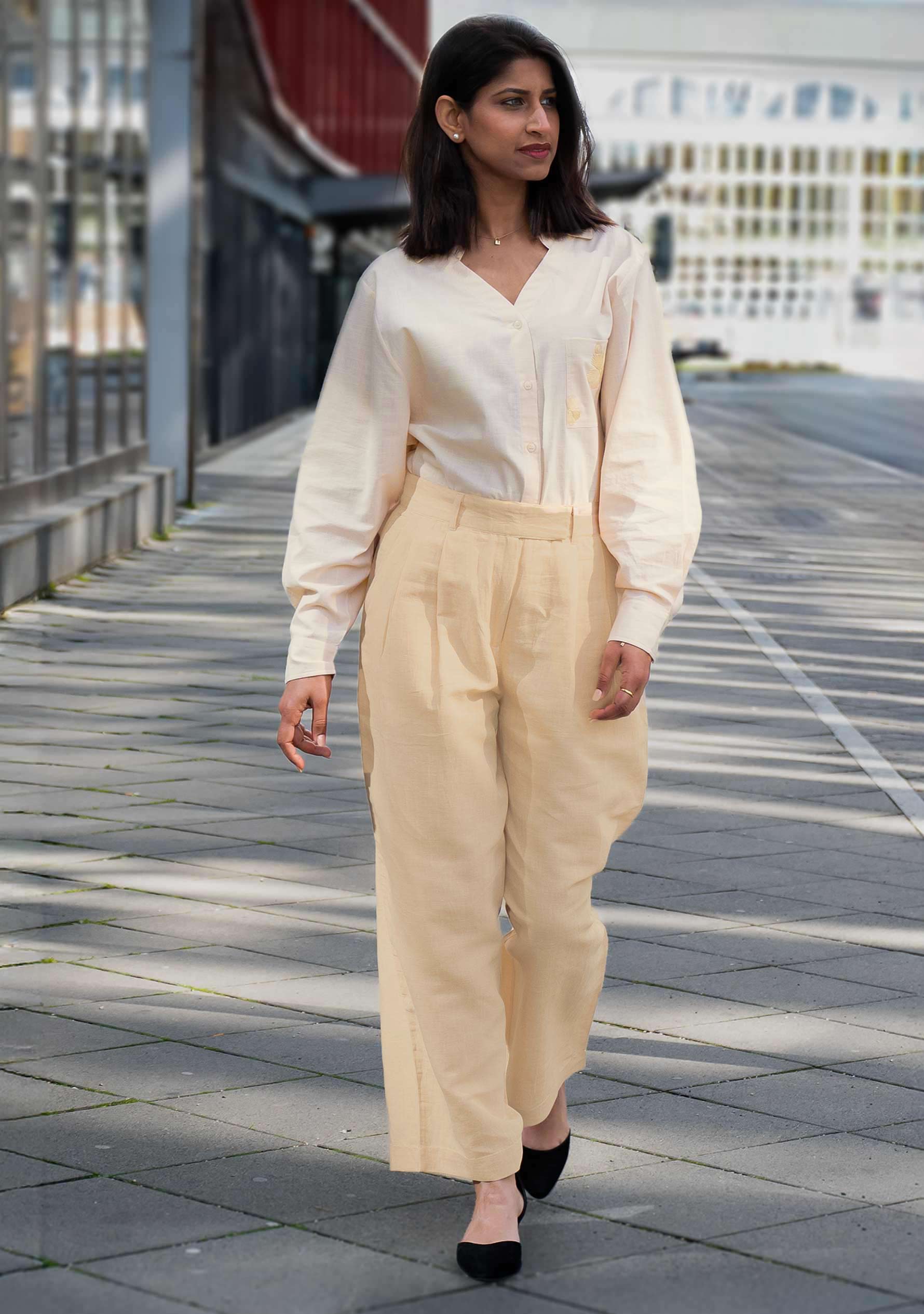 Leinen-Baumwoll Damenhose in Beige