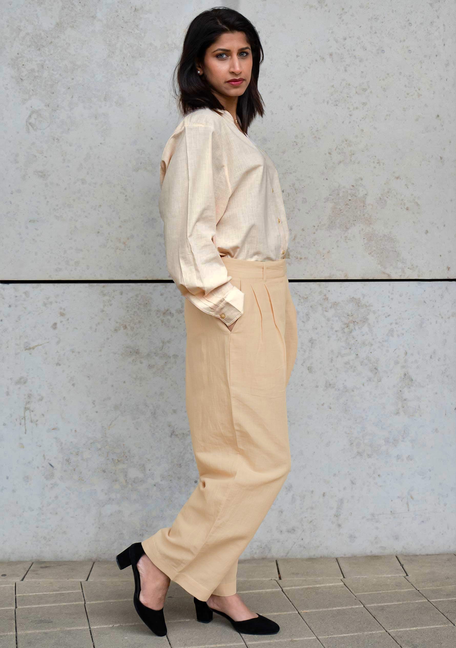 Leinen-Baumwoll Damenhose in Beige